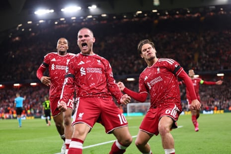 Alexis Mac Allister of Liverpool celebrates after scoring a goal to make it 2-1.