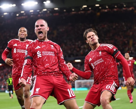 Alexis Mac Allister celebrates alongside teammates Rio Ngumoha and Milos Kerkez after scoring Liverpool’s winner.