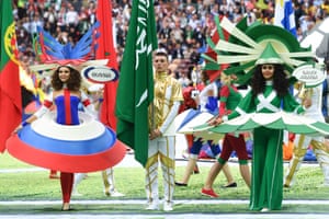 Actresses sporting the colours of Russia and Saudi, the two teams who will compete in the opening match