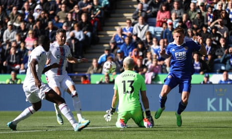 Leicester City's Harvey Barnes shot is blocked by Crystal Palace's keeper Vicente Guaita.