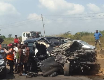 An image released by the federal road safety corps in Nigeria showing the damaged car that Anthony Joshua was travelling in.