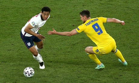 Jude Bellingham glides away from Ukraine’s Roman Yaremchuk during England’s Euro 2020 quarter-final win.