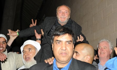 Galloway celebrates with supporters after winning the Bradford West byelection in 2012.