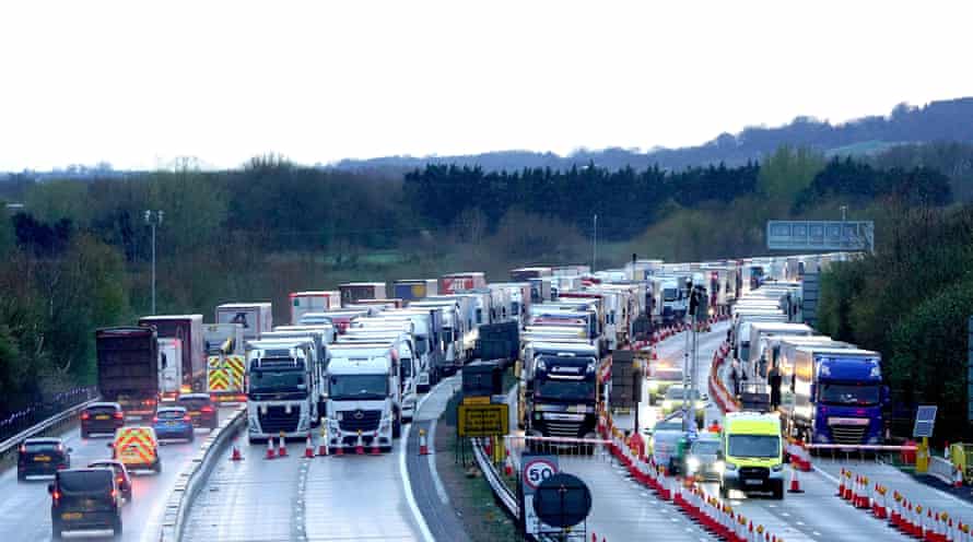 Lorries queued in Operation Brock on the M20 near Ashford in Kent today, as freight delays continue at the Port of Dover, in Kent, where P&O ferry services remain suspended after the company sacked 800 workers without notice.