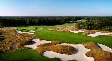 An aerial view of the 11th hole is seen at Bethpage Black, where the 2025 Ryder Cup is being staged