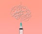 An illustration of an injection spurting out liquid in the shape of a brain against a pink background.