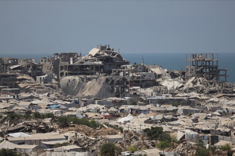 A view of the seafront tent camp and destroyed buildings in the Tel al-Hawa neighbourhood of Gaza City on Saturday.