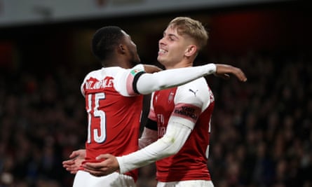 Emile Smith Rowe (right) celebrates with Ainsley Maitland-Niles after scoring Arsenal’s second goal against Blackpool.