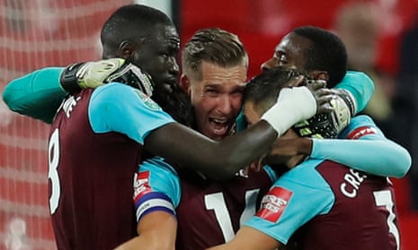 West Ham United’s Adrian and team mates celebrate after beating Spurs 2-3.