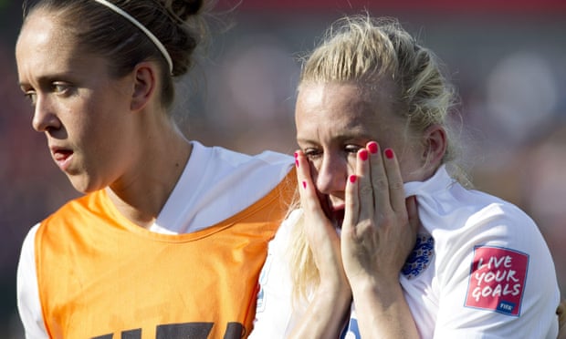 Laura Bassett, right, leaves the field distraught after her late own goal sealed England’s World Cup semi-final defeat by Japan in 2015.