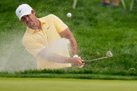 Brooks Koepka hits from a bunker on the second hole during the second round of the US Open at Oakmont