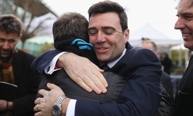 Labour MP Andy Burnham hugs Adrian Tempany after hearing the conclusions of the Hillsborough inquest.