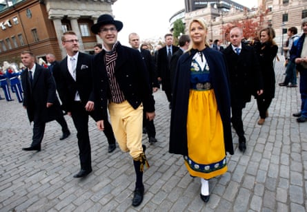 Jimmie Akesson and his girlfriend Louise Erixson dress in national traditional costumes, 2010.
