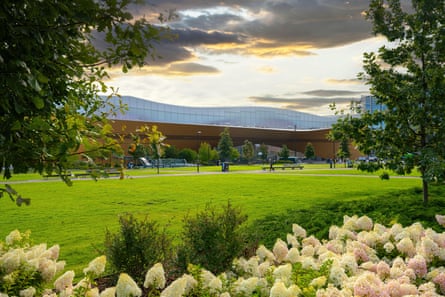 A view of the modern architecture of the Oodi central library in the city centre of Helsinki