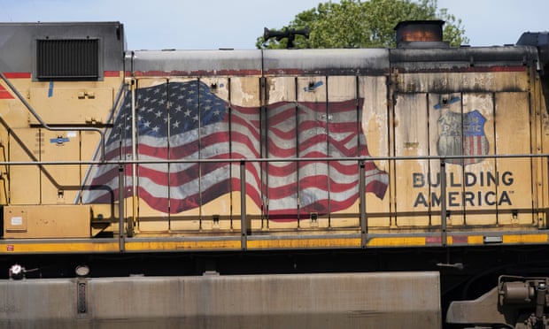 An American flag flying a Union Pacific locomotive in Jackson, Mississippi.