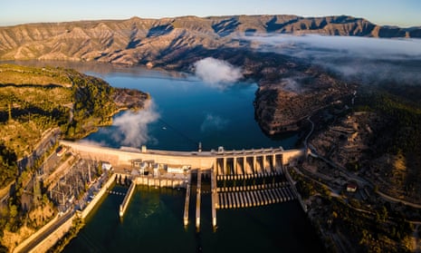 An aerial view of the Ribarroja dam on the river Ebro in Spain
