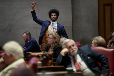Justin Pearson raises his fist during a special session on public safety in Nashville on 21 August.
