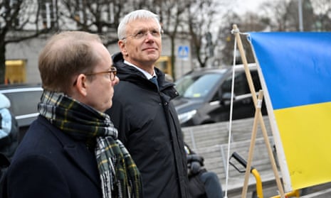 Sweden’s foreign minister, Tobias Billstrom (L), and Latvia’s foreign minister, Krisjanis Karins (R), attend a rally in support of Ukraine at Norrmalmstorg in Stockholm, Sweden.