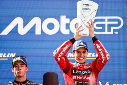 Marc Márquez of Spain riding the Lenovo Ducati celebrates his victory