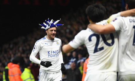 Jamie Vardy of Leicester City celebrates the opening goal scored by Riyad Mahrez.