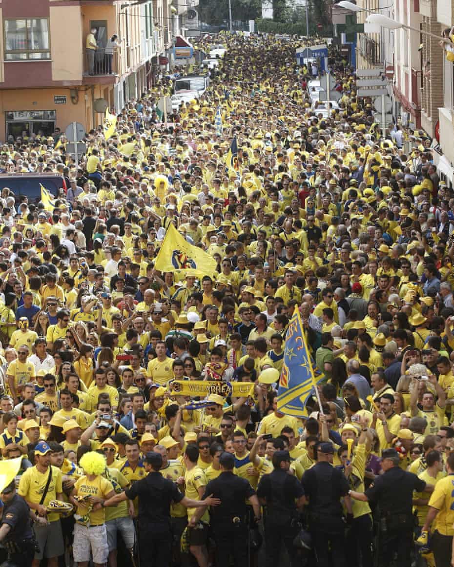 Thousands of Villarreal fans on their way to the game against Almería that secured them promotion to La Liga in 2013.
