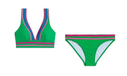 Boden Porto Bikini Bottoms and Porto Bikini Top. The bikini is bright green with red, blue and pink trim.