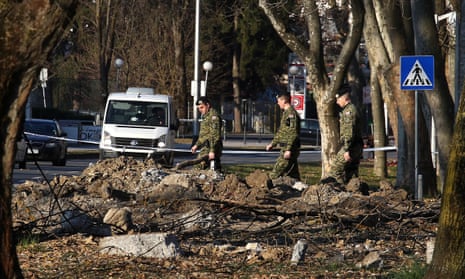 Croatian soldiers investigate the site where a military drone crashed in Zagreb, Croatia.