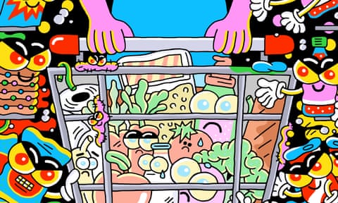 illustration - evil-looking cartoony 'artificial sweetener' packs swarming around a supermarket trolley of healthy natural foods
