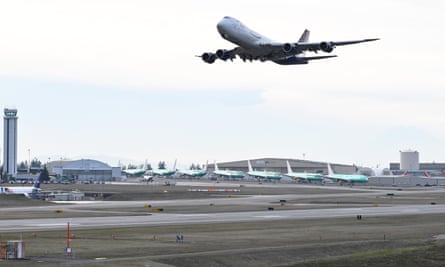 A Boeing 747 takes off from Paine Field airport near Seattle, Washington.
