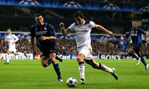 Gareth Bale takes on Lucio of Internazionale during a Champions League game for Tottenham in 2010.