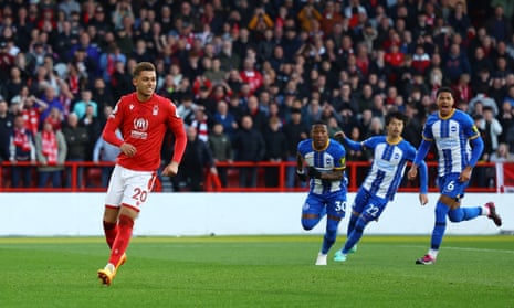 Nottingham Forest’s Brennan Johnson reacts after missing a penalty against Brighton.