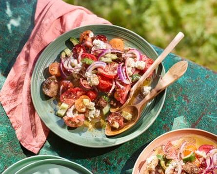 A plateful of David Carter’s Greek salad, photographed from above on a table outside.