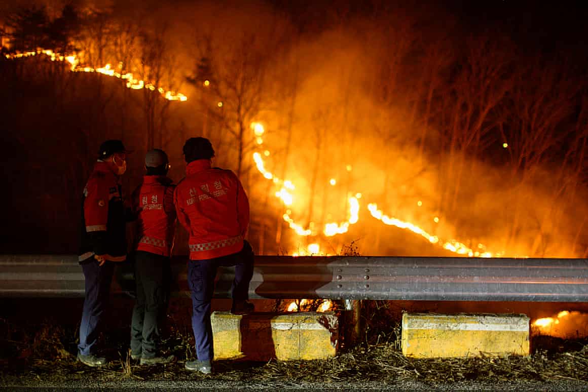 Korea forest service personnel watch a wildfire from the side of a road.l