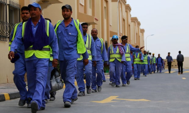 Foreign labourers working on the construction site of the al-Wakrah football stadium, one of Qatar’s 2022 World Cup venues.