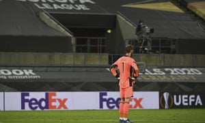 Manchester United’s goalkeeper David de Gea is alone with his thoughts during the Europa League semi-final defeat by Sevilla in Cologne.