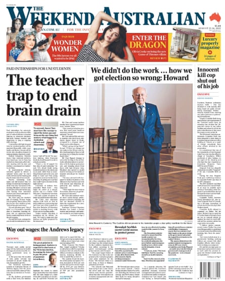 Former Prime Minister John Howard on the front page of the August 13-14 edition of the Weekend Australian newspaper