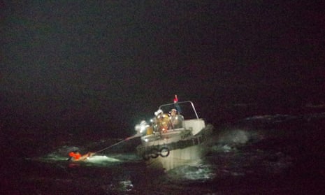 A crew member believed to be from Gulf Livestock 1 is rescued by Japan’s coastguard.