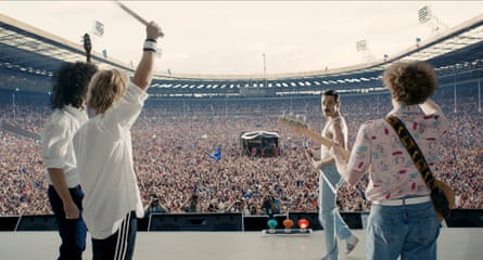 Gwilym Lee, Ben Hardy, Rami Malek and Joseph Mazzello in the Live Aid stage scene