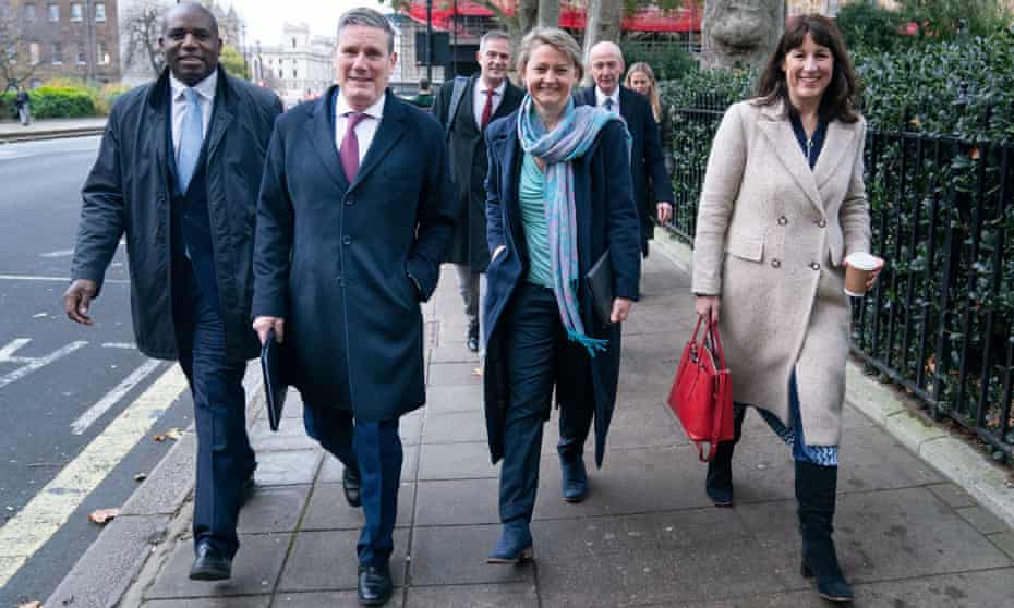 The Labour leader, Keir Starmer, on his way to a shadow cabinet meeting, accompanied by new appointees including David Lammy, Yvette Cooper  and Rachel Reeves.