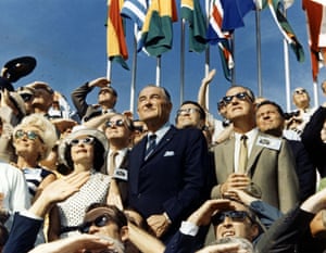 Vice President Spiro Agnew and former President Lyndon Johnson attend the launch of Apollo 11 from the stands on the Kennedy Space Center's VIP viewing site.