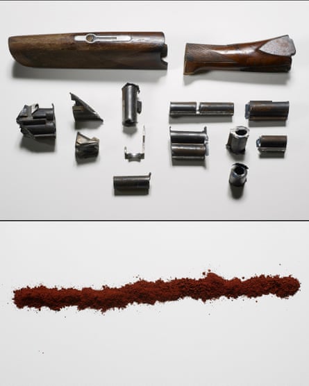 Sawn Up Sawn Off Shotgun (top) and Precipitated Gun, 2015 by Cornelia Parker.