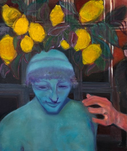 A painting of a blue man with an arm on his shoulder and lemons behind him