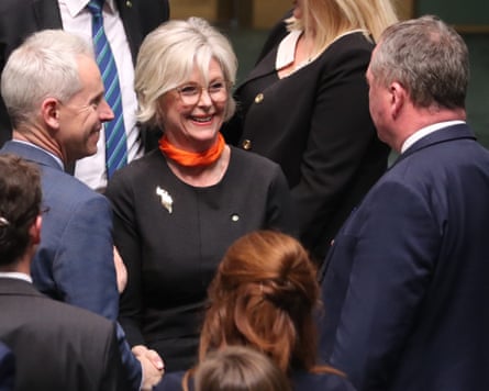 Helen Haines is congratulated by Barnaby Joyce after giving her first speech in the house of representatives, 1 August 2019.