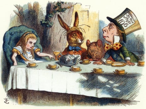 Illustration from Alice's Adventures in Wonderland of the Mad Hatter's tea party, with Alice seated on the left, along with the March Hare, the Dormouse and the Mad Hatter