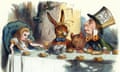 Illustration from Alice's Adventures in Wonderland of the Mad Hatter's tea party, with Alice seated on the left, along with the March Hare, the Dormouse and the Mad Hatter