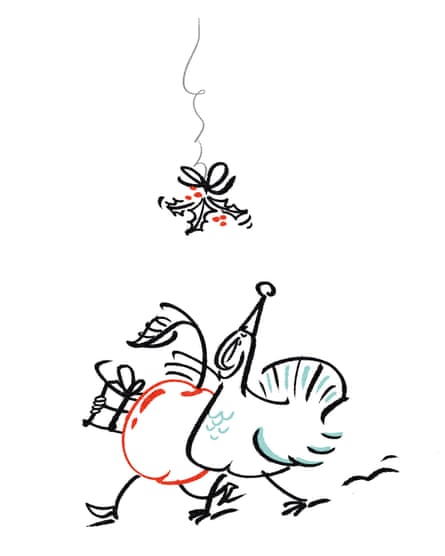 line drawing of a plum and a turkey walking arm in arm