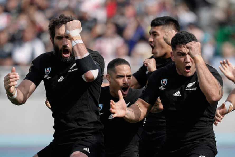 New Zealand players perform the haka before their Pool B victory against Namibia at Tokyo Stadium.
