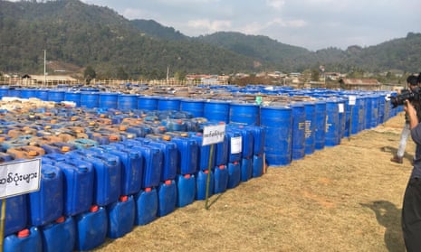 Barrels of precursor chemicals used to make drugs such as methamphetamine, ketamine, heroin and fentanyl seized by Myanmar police and military in Shan State. 