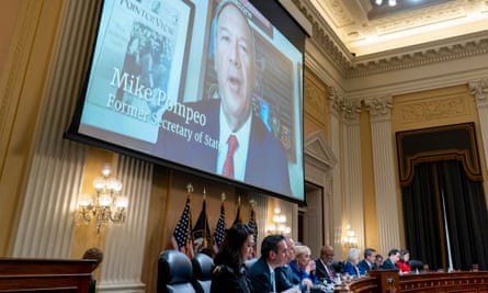 A video is shown with Mike Pompeo during a House hearing investigating the January 6 attack.