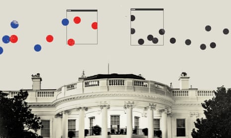 A photo illustration of the white house and ballot stickers for a piece of election misinformation and disinformation